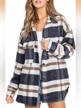 Plaid Shacket Tan, White & Blue | Size Small
